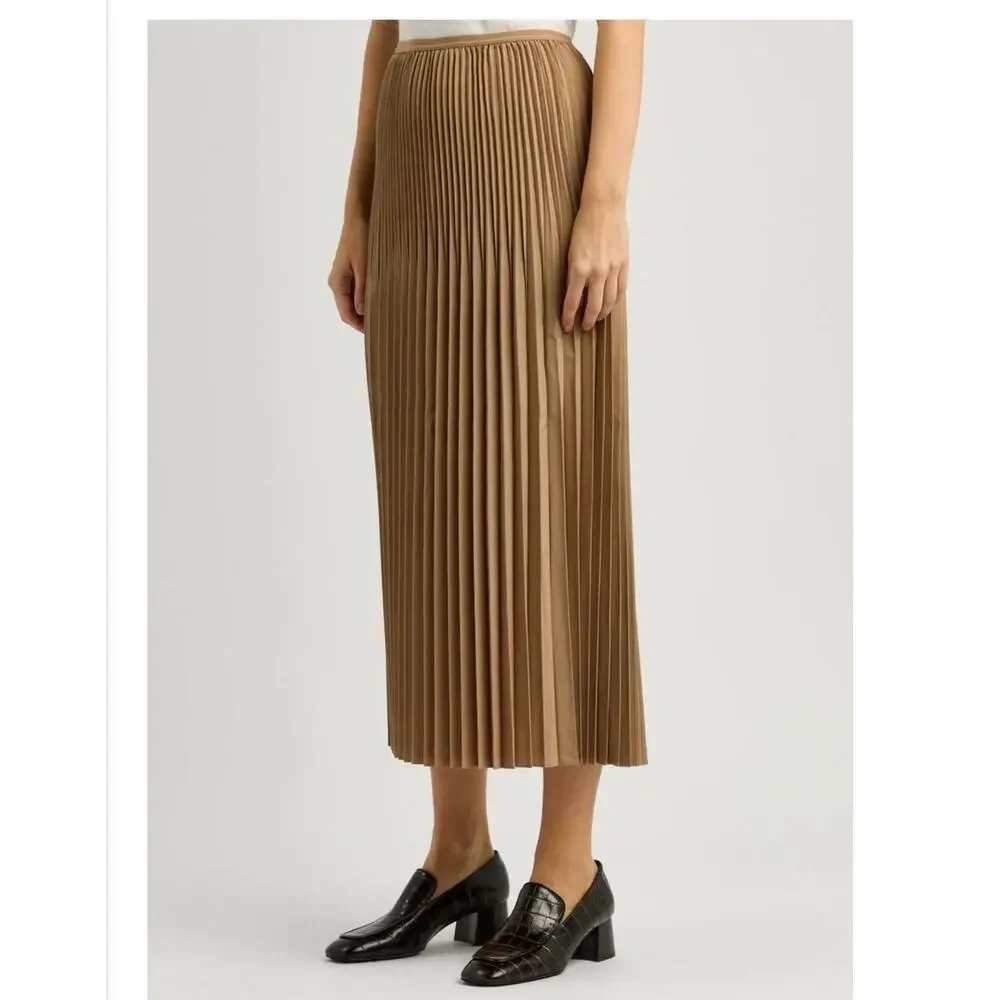NEW Large Eileen Fisher BLACK Pleated Wool Silk Blend Midi Skirt stretch pullon